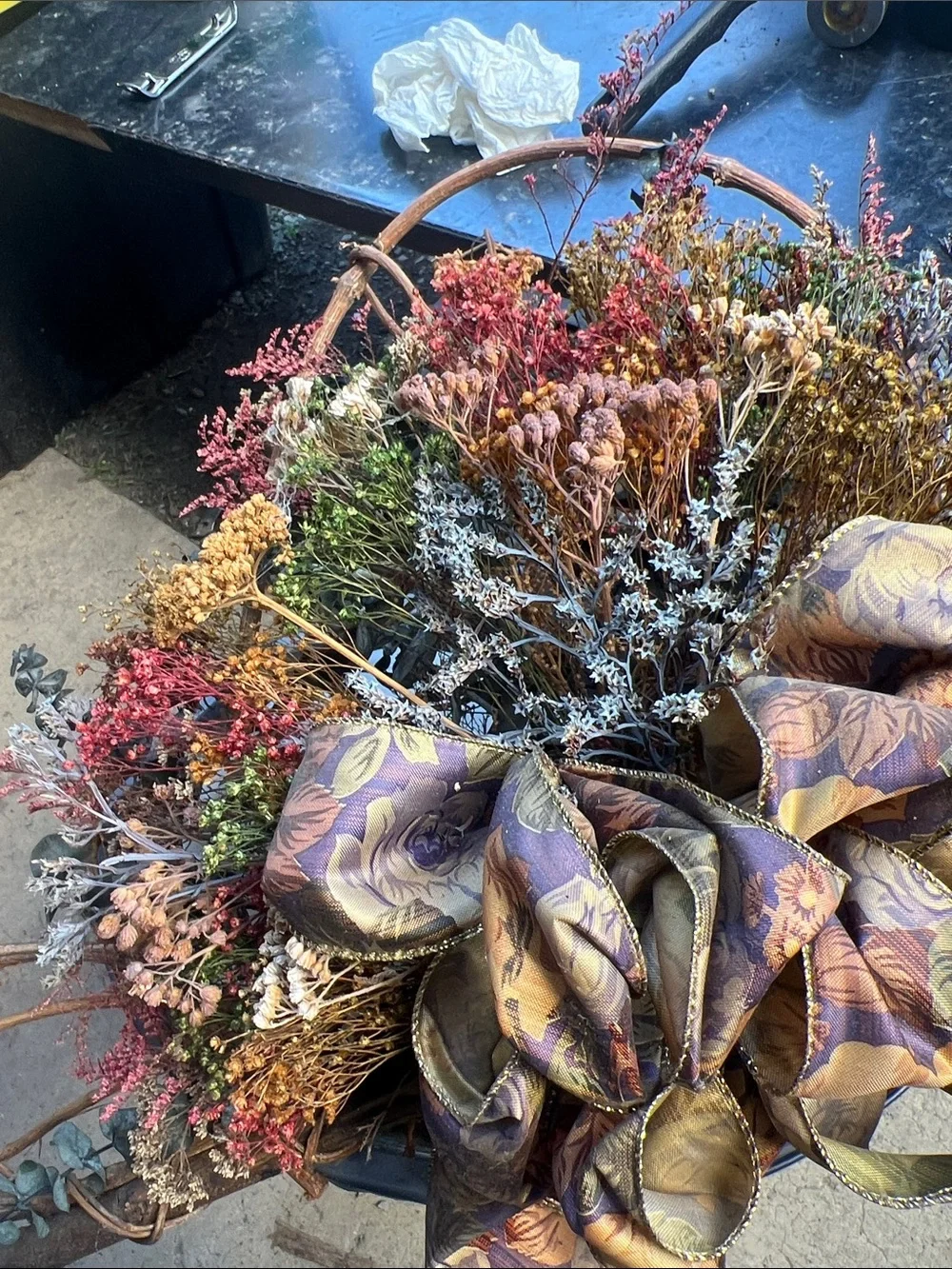 Decorative Dried Floral Arrangement with Brown Accent Bow